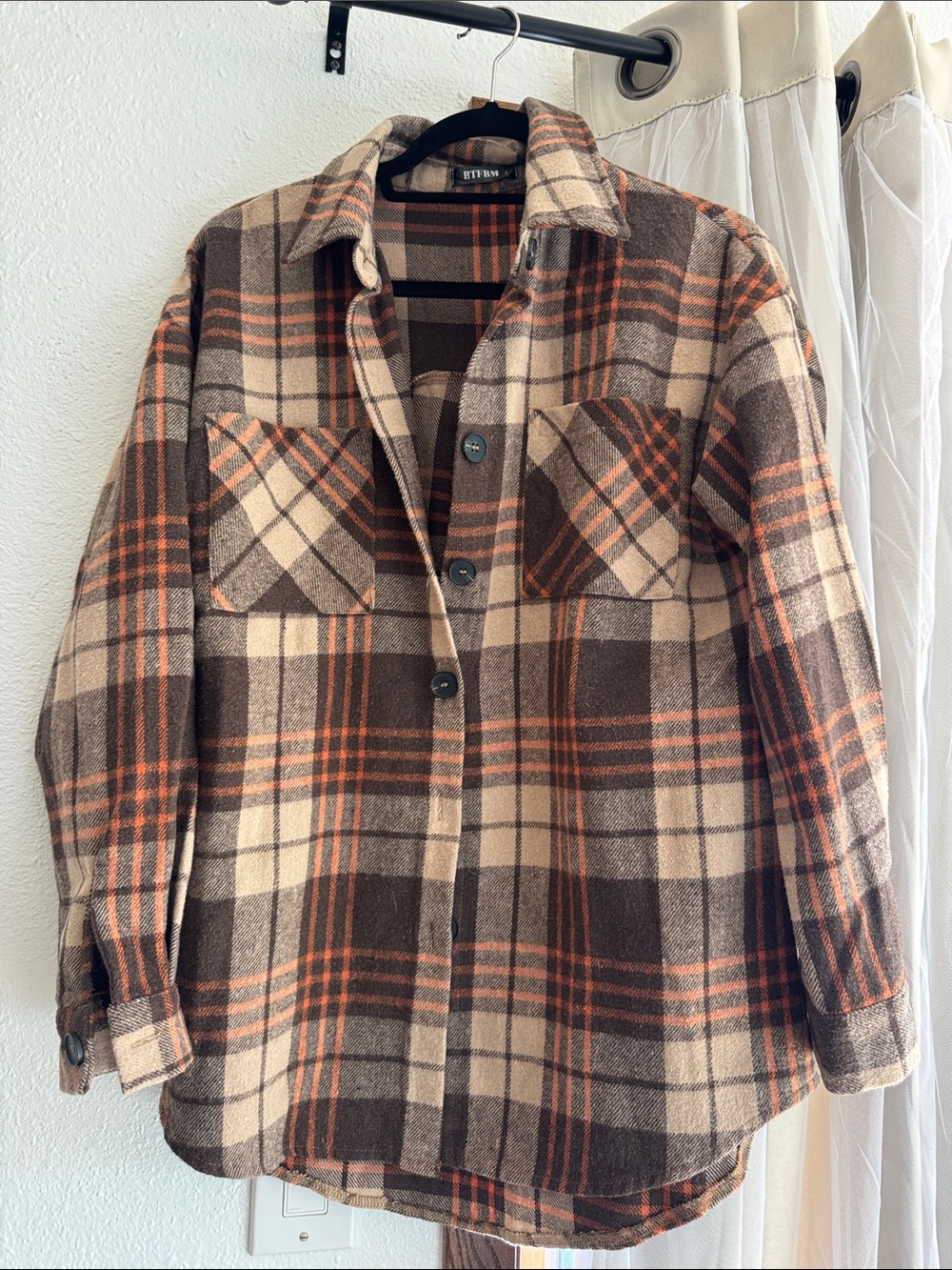 BITTEN Brown Plaid Button-Up Shacket with Orange Accents